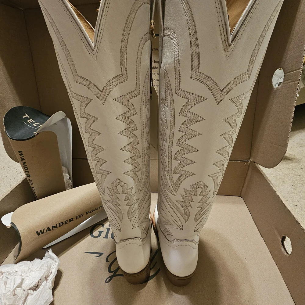 Tecovas White Embroidered Knee-High Leather Cowboy Boots - Picture 4 of 11